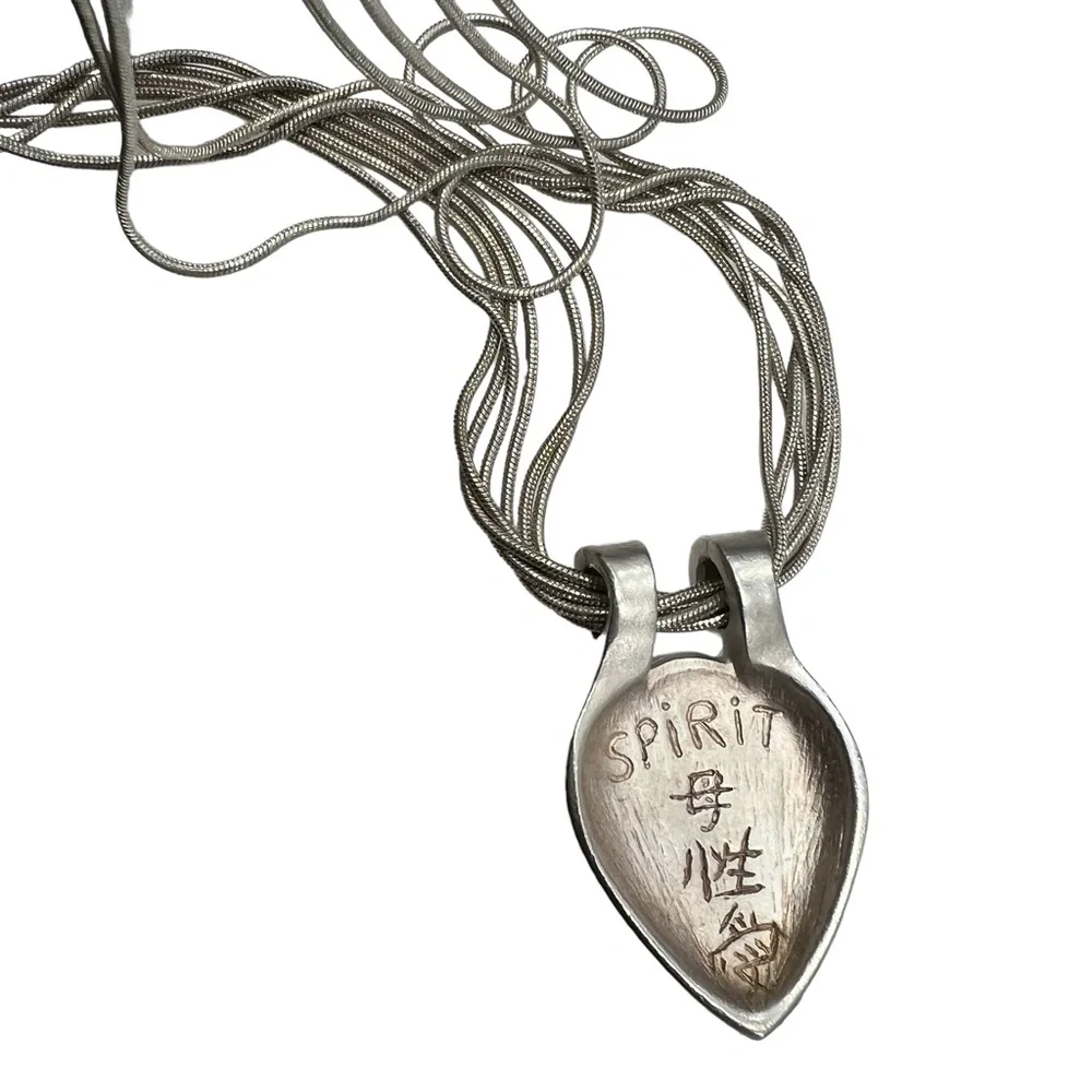 VINTAGE 6 CHAIN SILVER TONE NECKLACE WITH TEARDROP PENDANT WITH BLACK STONE